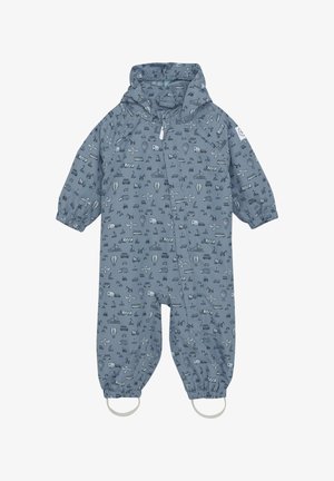 Blå vattentät regndräkt med mönster inspirerade av transportteman. Har elastiska manschetter och huva. Inkluderar en dragkedja framtill.