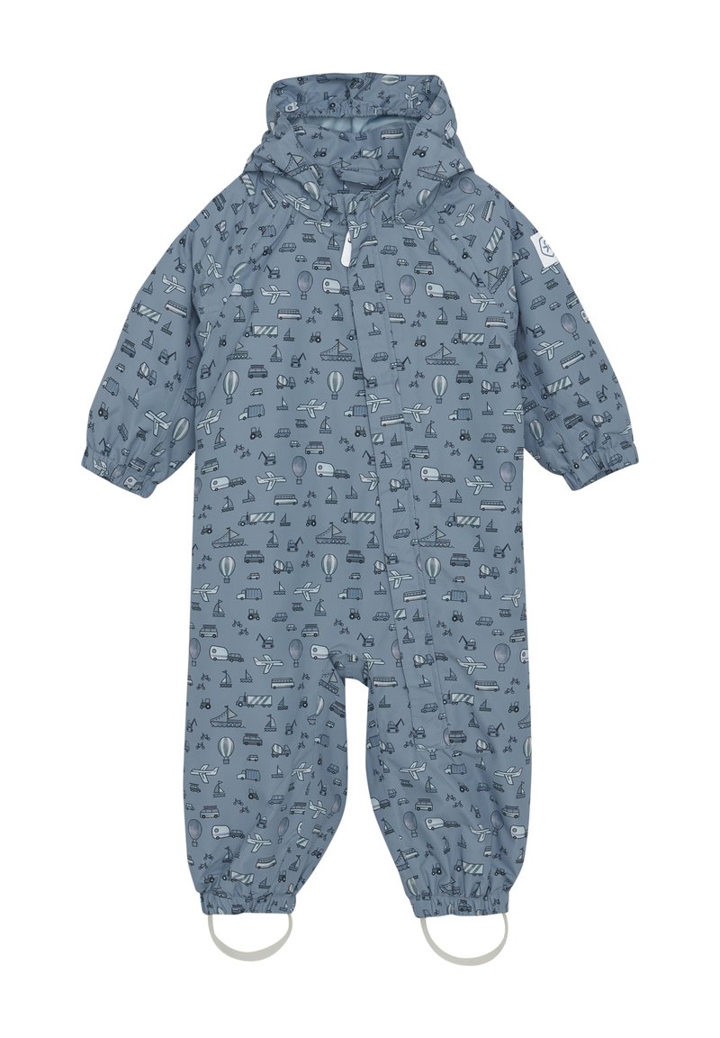 Blå vattentät regndräkt med mönster inspirerade av transportteman. Har elastiska manschetter och huva. Inkluderar en dragkedja framtill.