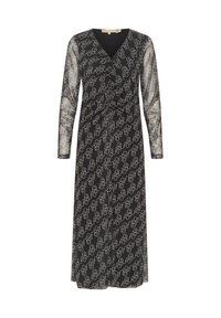 Črna dolga obleka z dolgimi rokavi, ki se ponaša z grafičnim belim vzorcem, V-izrezom, s pasom z vezanjem in zračnim prosojnim materialom. Dolžina do sredine meč.