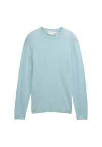 Jasnoniebieski sweter z długim rękawem wykonany z miękkiego materiału, z okrągłym dekoltem i ribbrowanymi mankietami, zapewniający luźny krój. Minimalistyczny design, bez wzorów.
