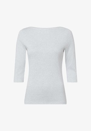 Jasnoszara bluzka z długim rękawem wykonana z miękkiego materiału, z okrągłym dekoltem i dopasowanym krojem z rękawami do łokcia.