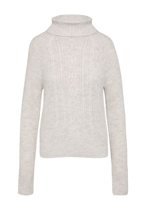 Hellgrauer Kabelstrickpullover mit hohem, umgeschlagenem Kragen und langen Ärmeln. Verfügt über strukturierte Muster über den gesamten Körper und die Ärmel.