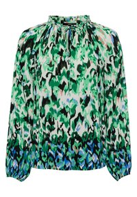 Blouse à manches longues avec encolure froncée et lien, présentant un motif abstrait vibrant en tons verts, bleus, noirs et blancs.