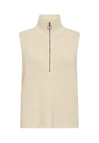 Beige stickad ärmlös topp med hög krage, med en frontdragkedja och en rund metalldragning. Slät textur och avslappnad passform.