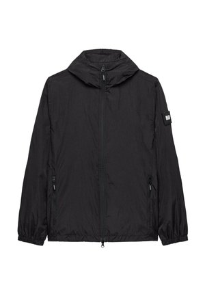 Veste légère noire avec col haut, fermeture éclair sur le devant, poignets élastiques et deux poches latérales. Tissu texturé et résistant à l'eau.