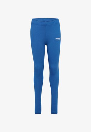 Leggings bleus en tissu extensible avec une coupe ajustée. Dotés d'une taille large et d'un logo blanc sur la cuisse gauche.