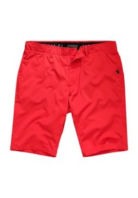 Rode sportshorts van lichtgewicht materiaal, met een knoopsluiting, zijzakken en een gedeeltelijk elastische tailleband voor comfort.