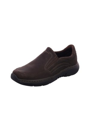 Braunes Leder Slipper mit strukturiertem Obermaterial, kontrastierenden Nähten, einer gepolsterten Sohle und einem runden Zehenbereich.