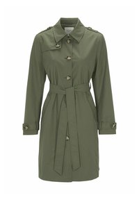 Khaki trenchcoat met een ceintuur in de taille, knopen en zijzakken. Heeft een spread collar en lange mouwen met knoopmanchetten.