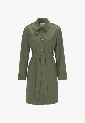 Khakifarbener Trenchcoat mit tailliertem Gürtel, Knöpfen und Seitentaschen. Verfügt über einen Umlegekragen und lange Ärmel mit geknöpften Manschetten.