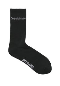 Zwarte katoenen sokken met ribbeltextuur en een crew lengte. Met witte geborduurde branding: "Originals Studio" en "JACK & JONES."