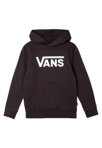 Felpa nera con cappuccio in cotone, dotata di tasca a marsupio frontale. Presenta un grande logo bianco "VANS" al centro del petto e un cappuccio regolabile con cordini.