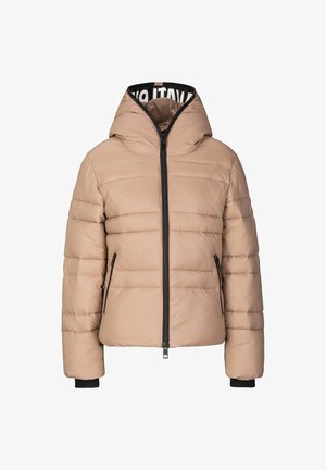 Beige Daunenjacke mit Kapuze, horizontalen Nähten, Frontreißverschluss, Seitentaschen und schwarzen Rippbündchen. Gefüttert mit einem kontrastierenden, gemusterten Innenfutter.