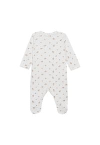 Weißer Baby-Body mit langen Ärmeln, verziert mit einem floralen Muster in hellrosa und braun, weichem geripptem Material und geschlossenen Füßen.