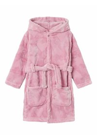 Pink, fluffy badekåbe med hætte, dekoreret med hjerte-mønstre, lange ærmer, bindebælte og to forlommer. Blød tekstur og varm design.