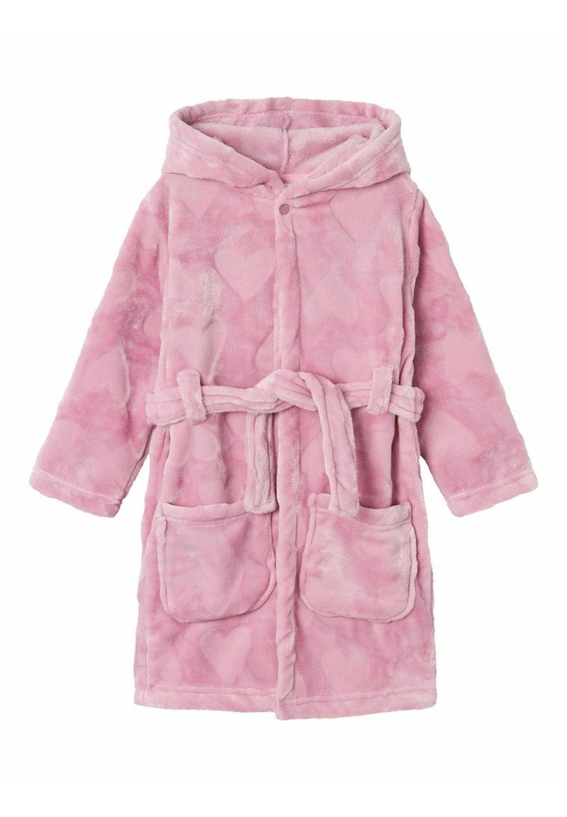 Pink, fluffy badekåbe med hætte, dekoreret med hjerte-mønstre, lange ærmer, bindebælte og to forlommer. Blød tekstur og varm design.