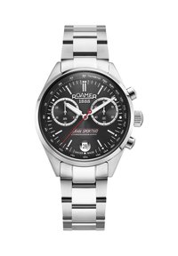 Reloj cronógrafo Roamer 1888 Gran Sportivo con esfera negra, brazalete de acero inoxidable plateado, escala taquimétrica, ventana de fecha y tres agujas plateadas.