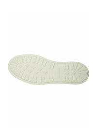 Suela de zapatilla de goma blanca con patrón de relieve texturizado. Presenta agarres elevados y el logo "BLACKSTONE". Acabado suave en los bordes.