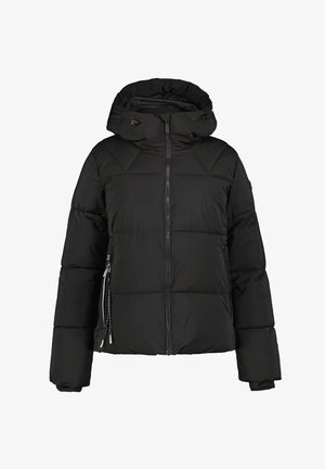 Zwarte pufferjas met een capuchon, voorzien van een rits aan de voorkant, gewatteerd ontwerp en zijzakken met ritsen. Zacht, warm materiaal.