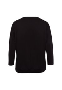 Schwarzes, langärmliges Oberteil mit lockerer Passform. Hergestellt aus weichem Material, mit rundem Ausschnitt und geradem Saum, mit minimaler Verzierung.