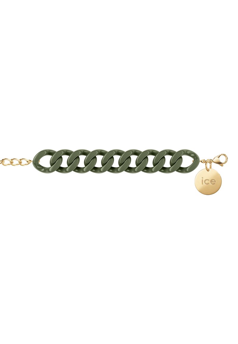 Olivgrünes Kettenarmband mit runden Gliedern, Hardware in Goldoptik und einem runden Anhänger, der mit "ice" graviert ist. Strukturiertes Finish.