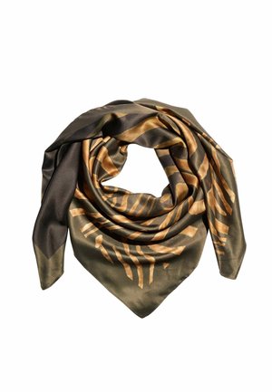 Silkeblødt firkantet tørklæde med mønster af tigerstriber i mørkegrøn og brun, foldet i en løs løkke med spidse ender.