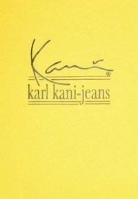 Yellow t-shirt featuring a graphic logo in black, reading "Kani karl kani-jeans," with simple linear accents beneath the text.