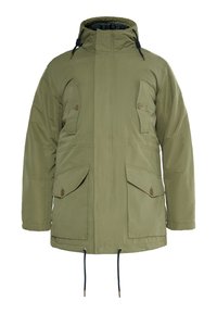 Jachetă parka de culoare verde măsliniu, cu guler înalt, fermoar frontal și buzunare cu clapetă butonată. Dispune de șnururi la tiv și la glugă. Textură netedă.