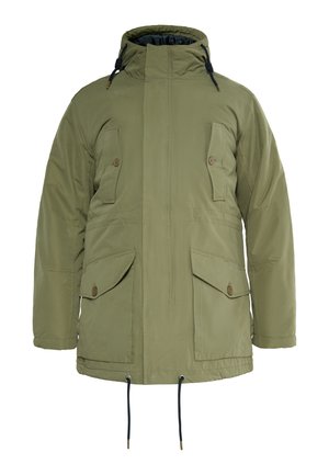 Olijfgroene parka-jack met hoge kraag, voorrits en knoopsluitingen op de zakken. Heeft trekkoorden aan de zoom en kap. Heeft een gladde textuur.