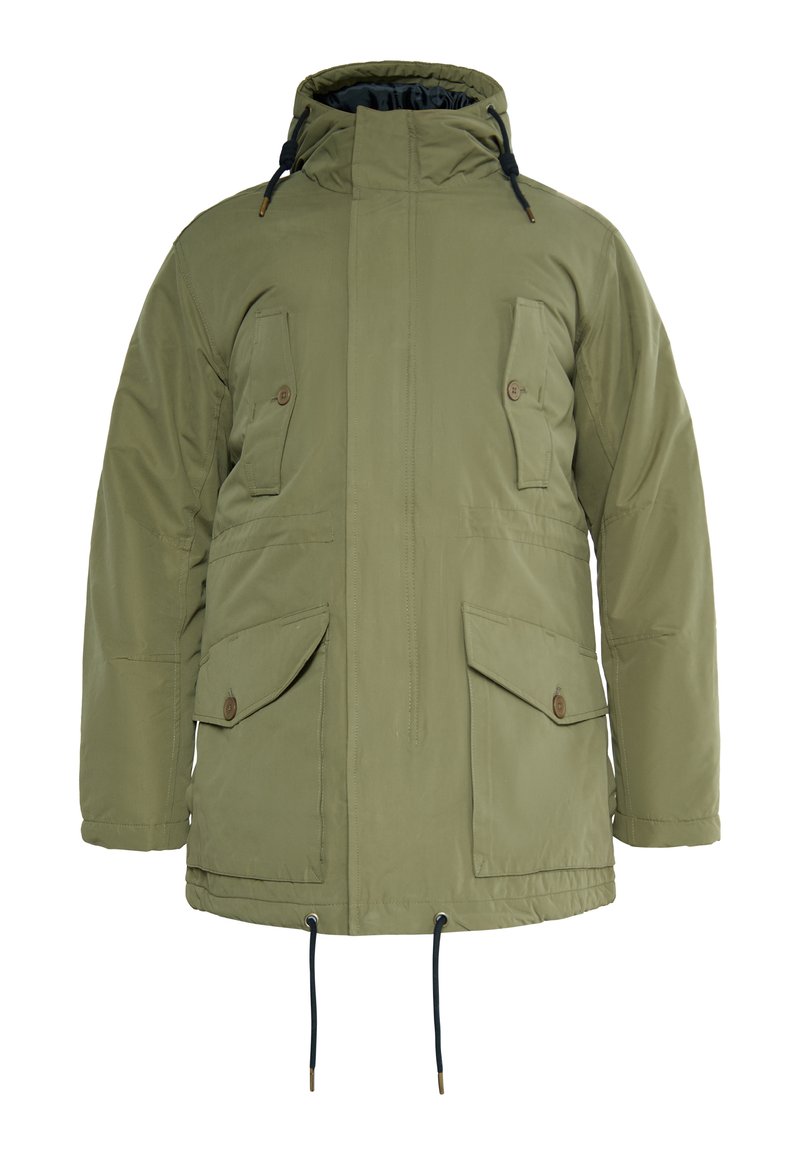 Jachetă parka de culoare verde măsliniu, cu guler înalt, fermoar frontal și buzunare cu clapetă butonată. Dispune de șnururi la tiv și la glugă. Textură netedă.