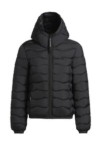Czarna kurtka puchowa z teksturowanym, pikowanym wzorem, z nausznikami, zamkiem błyskawicznym i elastycznymi mankietami. Lekka i ocieplana dla zapewnienia ciepła.