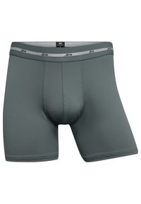 Grå boxershorts med tætsiddende pasform, lavet af glat stof, med en bred elastisk talje, der er mærket "Jbs." Simpelt design uden mønstre.