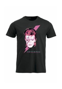 Černé bavlněné tričko s grafikou obličeje s červenými vlasy, bleskem a textem "DAVID BOWIE" v modré.
