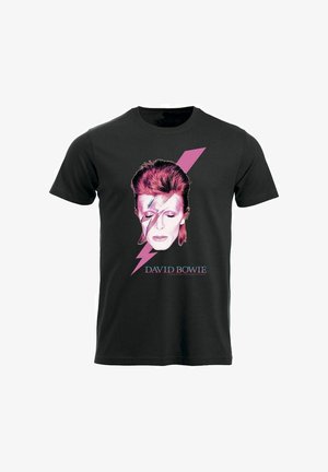 Svart bomull T-skjorte med et grafisk motiv av et ansikt med rødt hår, et lyn og teksten "DAVID BOWIE" i blått.