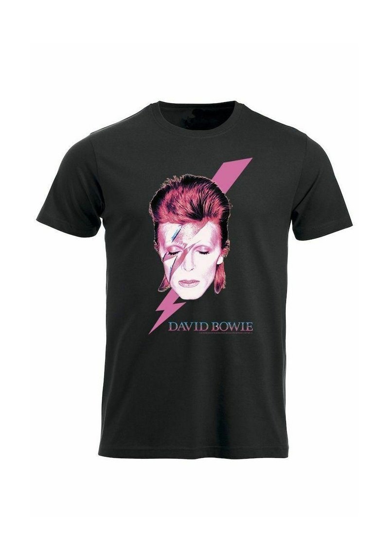 Černé bavlněné tričko s grafikou obličeje s červenými vlasy, bleskem a textem "DAVID BOWIE" v modré.