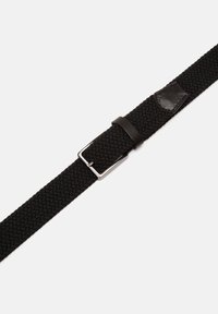 Black woven belt featuring a silver square buckle, black leather accent, and a textured finish, offering a flexible and durable design.
