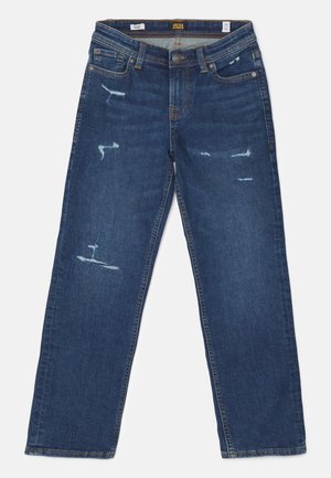 Donkerblauwe jeans met rechte pijpen, lichte slijtage aan de voorkant van de dijen en bij de zakken, knoopsluiting en vijfzakkenontwerp.