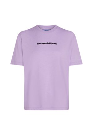 Lavendel Baumwoll-T-Shirt mit kurzen Ärmeln, Rundhalsausschnitt und einem schwarzen "karl lagerfeld jeans"-Logo auf der Brust.