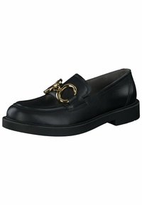 Čierne kožené loafers s okrúhlou špičkou, so zlatým reťazovým detailom na prednej strane a plochou gumovou podrážkou.
