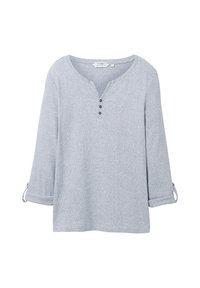 Helles graues Langarmshirt mit feinen horizontalen Streifen, drei kleinen vorderen Knöpfen und hochgerollten Ärmeln mit Knopfklappen.