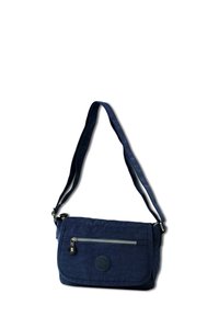 Marinefarbene Umhängetasche aus strukturiertem Stoff, mit einer vorderen Reißverschlusstasche, einem runden Logo und einem verstellbaren Tragegurt.