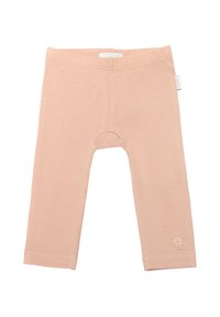 Lichtroze katoenen legging met een zachte textuur, een elastische taille en een klein geborduurd logo aan de onderrand. Eenvoudig, getailleerd ontwerp.