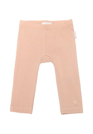 Lichtroze katoenen legging met een zachte textuur, een elastische taille en een klein geborduurd logo aan de onderrand. Eenvoudig, getailleerd ontwerp.
