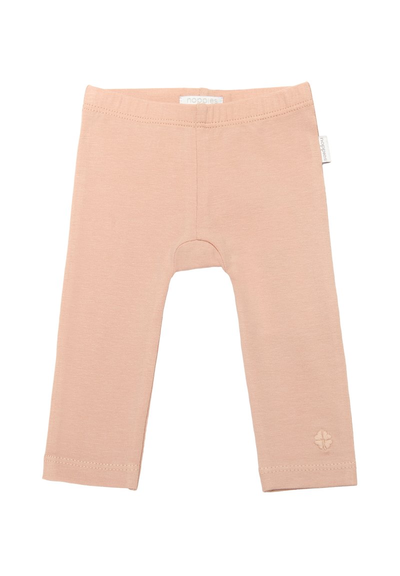 Lichtroze katoenen legging met een zachte textuur, een elastische taille en een klein geborduurd logo aan de onderrand. Eenvoudig, getailleerd ontwerp.