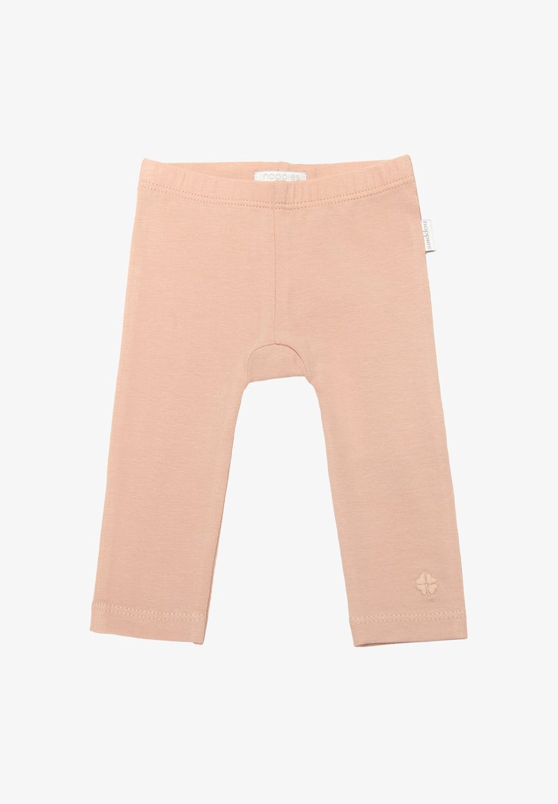 Lichtroze katoenen legging met een zachte textuur, een elastische taille en een klein geborduurd logo aan de onderrand. Eenvoudig, getailleerd ontwerp.