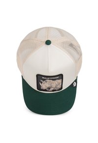 Green and cream cap with mesh back, featuring a rhino patch and "BULLETPROOF" text. Rounded bill and button accent on top.