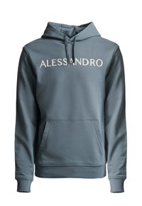 Sudadera gris con el logo bordado "ALESSANDRO", bolsillo canguro en el frente, capucha con cordones y puños acanalados en las mangas y el dobladillo.