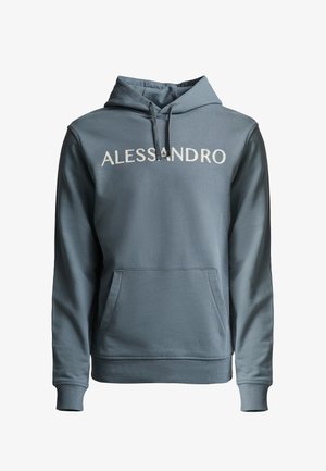 Sivi dukserica s izvezenim logom "ALESSANDRO", prednja kenguruašnja džep, kapuljača sa vezicom i rebrasti manšeti na rukavima i donjem rubu.