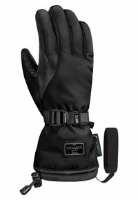 Zwarte winterhandschoen gemaakt van synthetisch materiaal, met een gestructureerde palm, een elastische manchette met een gesp, en een logo patch. Inclusief verstelbare polsband.