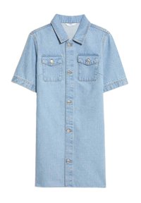 Helles blaues Jeanshemdkleid mit kurzen Ärmeln, durchgehender Knopfleiste, zwei Brusttaschen und spitzem Kragen. Mit distressed Texturdetails.